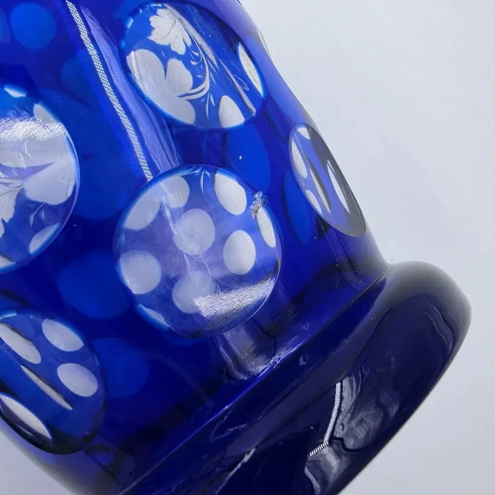 Vintage Bohemian Cobalt Blue Cut to Clear Glass Floral Dot Carafes - Pair 10.5